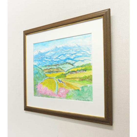 絵画 水彩画 四賀村と北アルプス (岡島哲夫) F6号 【肉筆】【水彩