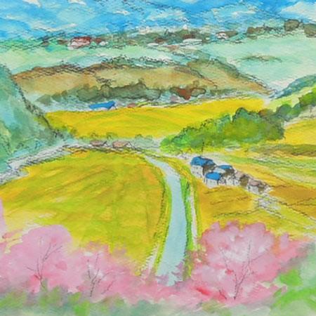 絵画 水彩画 四賀村と北アルプス (岡島哲夫) F6号 【肉筆】【水彩