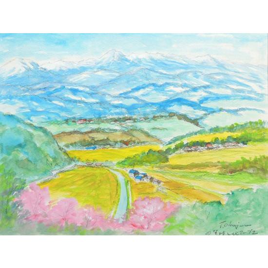 絵画 水彩画 四賀村と北アルプス (岡島哲夫) F6号 【肉筆】【水彩