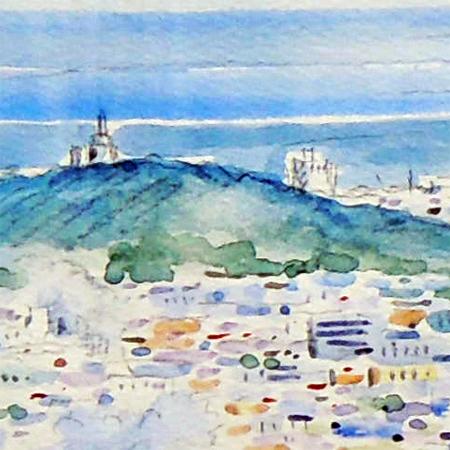 絵画 別府湾 高崎山 (滝川英彦) 【海・山】【肉筆】【水彩
