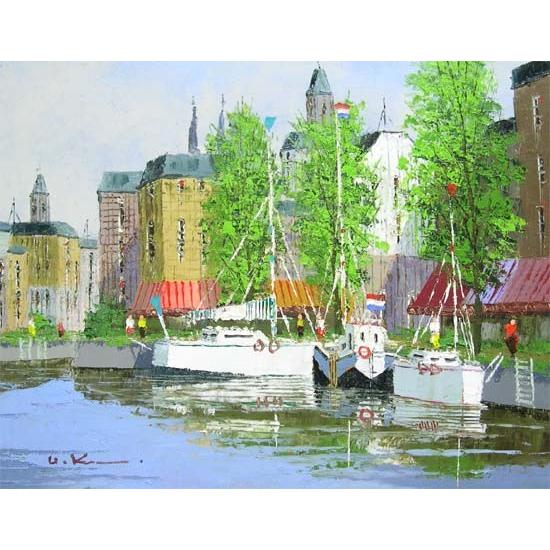 絵画 油絵 運河のある街アムステルダム 黒沢久 肉筆油絵