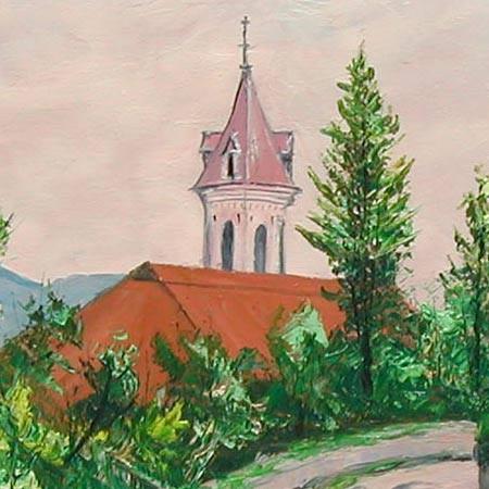 内田武夫 油絵肉筆 ざくろ 絵画 南仏プロバンス 坂道と教会 (内田和彦) 【肉筆】【油絵】【外国の