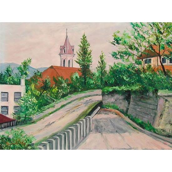 内田武夫 油絵肉筆 ざくろ 絵画 南仏プロバンス 坂道と教会 (内田和彦) 【肉筆】【油絵】【外国の