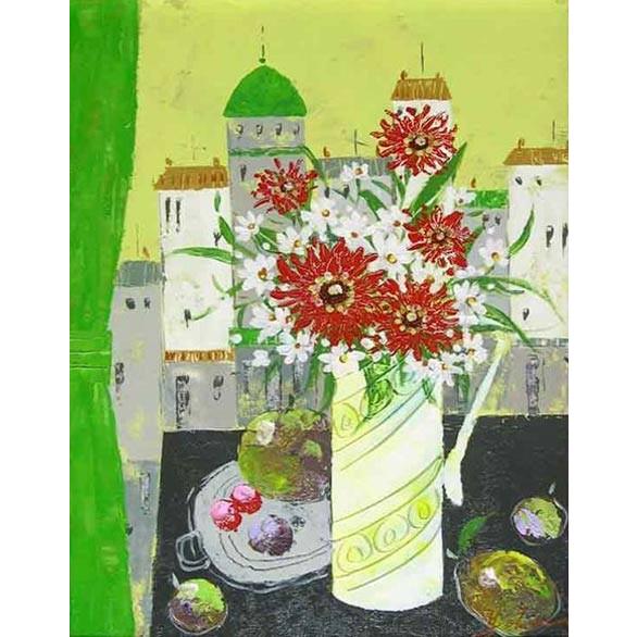 絵画 油絵 窓辺の花 （加瀬洋子） 【肉筆】【油絵】【花】【6号