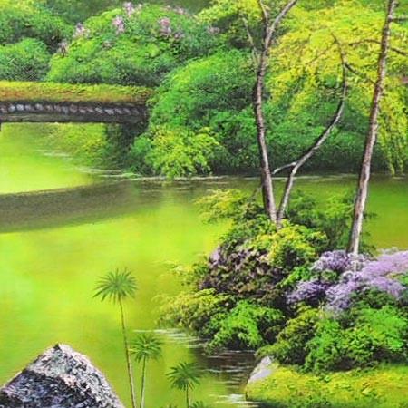 絵画 油絵 苔寺（西芳寺） F30号 （堤照男） 【肉筆】【油絵】【日本の