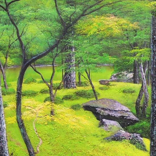 4043）堤照男　油絵　F10号　苔寺（西芳寺） 絵画 油絵 苔寺（西芳寺） F30号 （堤照男） 【肉筆】【油絵】【日本の