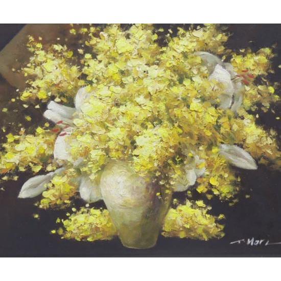 絵画 油絵 ミモザとカサブランカ F30号 （堀哲夫） 【肉筆