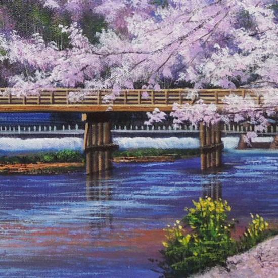 絵画　油絵　渡月橋の桜・京都　F20号　（木村由記夫）　　【肉筆】【油絵】【日本の風景】【大型絵画】