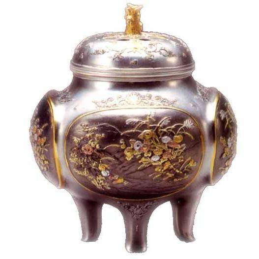 銀製品　香炉　秋草