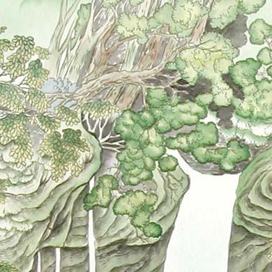 掛け軸 青緑滝山水 （平野秀峰） 【掛軸】【一間床・半間床】【山水