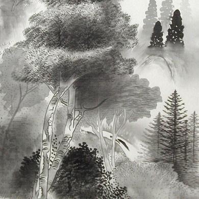 掛け軸 水墨山水 （渡辺白鳳） 【掛軸】【一間床・半間床】【山水