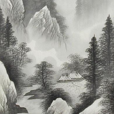 掛け軸 水墨山水 （阿部苔山） （掛軸小物なし） 【掛軸】 : 掛け軸