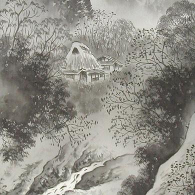 掛け軸 水墨山水 （河合瑞渓） （掛軸小物なし） 【掛軸】 : 掛け軸
