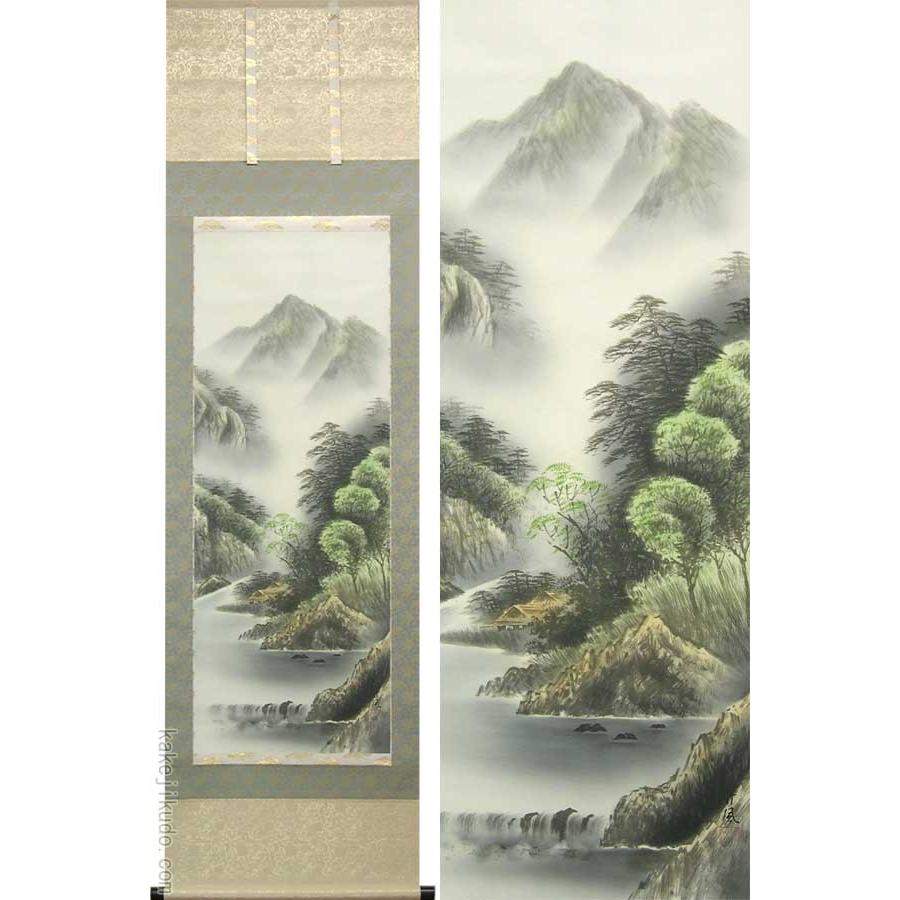 掛け軸 竹鳳 彩色山水 絹本 希少 軸装 茶道具 掛軸 美品です。 【公式