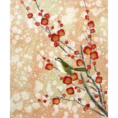 初期昭和レトロ/1950年代物/当時物】掛け軸 掛軸タイプ 紅椿一点雪 花柄 掛け軸 紅梅にうぐいす (南川康夫) （掛軸小物なし) 【掛軸】 : 掛け軸