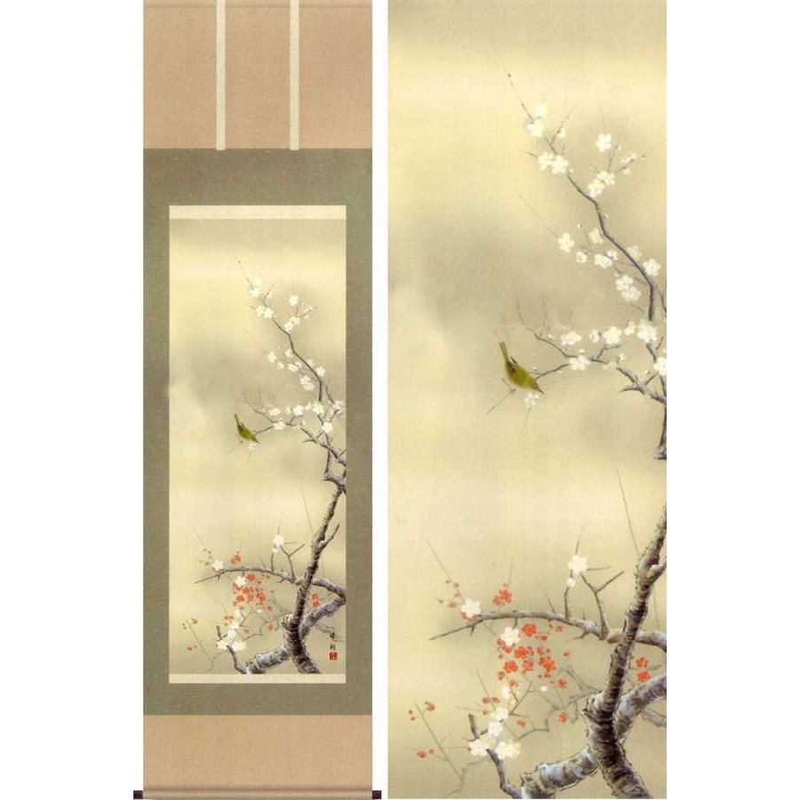 掛け軸 紅白梅に鶯 (園田峰彩) 掛軸 : 掛け軸・絵画の専門店 掛軸堂