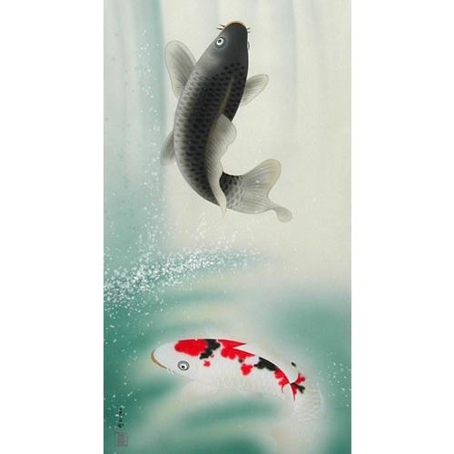 掛け軸 滝昇鯉 (林玉泉) 【掛軸】【一間床・半間床】【鯉】 : 掛け軸