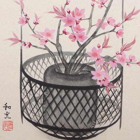 掛け軸 桃の花 （三宅和光） 【掛軸】【半間床】【丈の短い掛軸