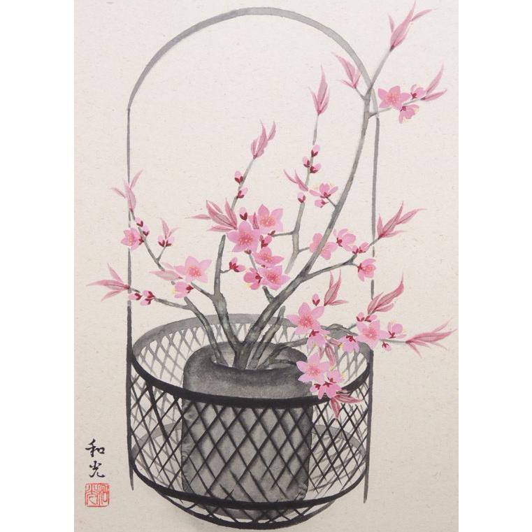 掛け軸 桃の花 （三宅和光） 【掛軸】【半間床】【丈の短い掛軸
