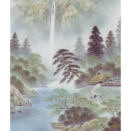 【未使用品】掛軸 長持梅生『スミ山水』絹本 箱付 掛け軸 L01321-1 掛け軸 彩色山水 (保母一峰) 【掛軸】【一間床・半間床】【山水