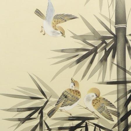 掛け軸 遊雀と竹 （中村梅石） 【掛軸】【一間床・半間床】【花鳥画