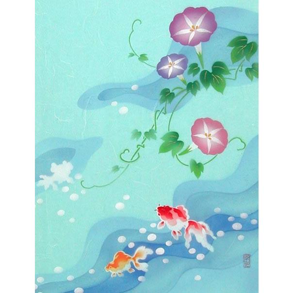 絵画 手染和紙額付 朝顔に金魚 (南川康夫) 【肉筆 絵画 手染和紙額付 朝顔に金魚 (南川康夫) 【肉筆
