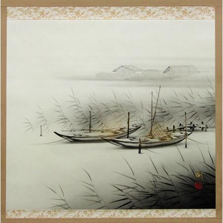 掛け軸2本 小林希光作 富士図、中川幸彦作「翡翠」 掛け軸 湖上双舟 (小林司) 【掛軸】【一間床】【丈の短い掛軸】【趣味