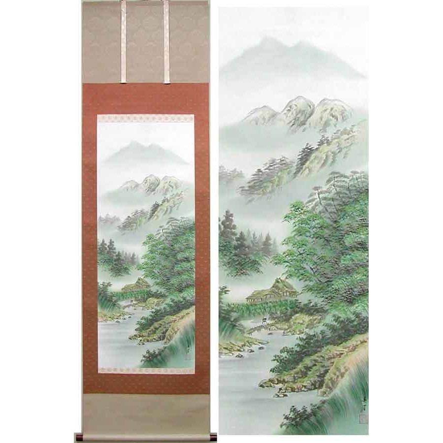 掛け軸 彩色山水 (森春芳) （掛軸小物なし) 【掛軸】 : 掛け軸・絵画の