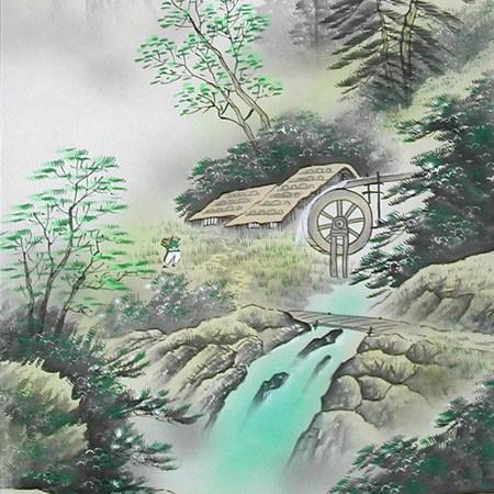 掛け軸 彩色山水 (渡辺白鳳) 【掛軸】【一間床・半間床】【山水