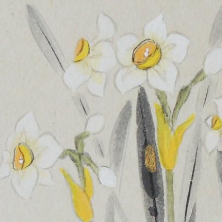 【真作】絵画　日本画（色紙）　水仙の美　優美な和の趣　繊細な筆致　V178 真作】絵画 日本画（色紙） 水仙の美 優美な和の趣 繊細な