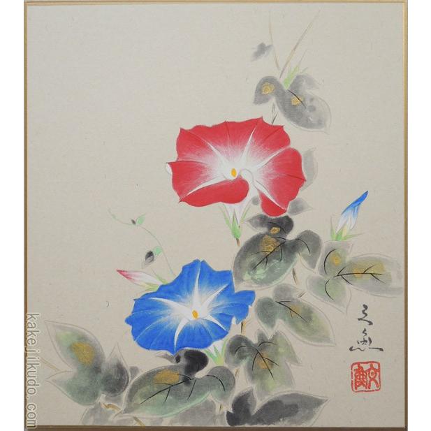 【真作】絵画　日本画（色紙）　朝顔一輪　涼風を誘うやわらかな筆致　X146 真作】絵画 日本画（色紙） 朝顔一輪 涼風を誘うやわらかな筆致 X146
