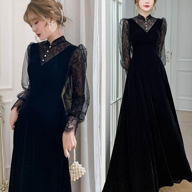 おしゃれロング ドレス パーティードレス 個性的 黒 袖あり 長袖 レース おしゃれ 結婚式 二次会 お呼ばれ フォーマル 演奏会 発表会 大人 かっこいい Cj67f59 Kakin 通販 Yahoo ショッピング