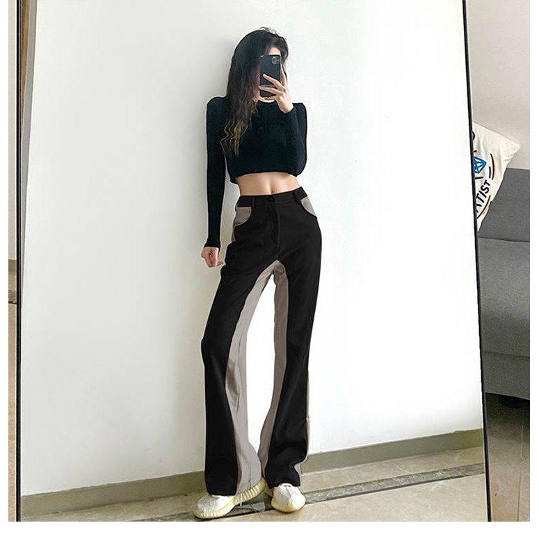 レディースファッション2色 ボトムス パンツ ストレート ブラウン ブラック 茶色 黒 バイカラー 配色 かっこいい クール カジュアル ハイウエスト ユニーク B8jsd7gk64 Chicagocriminaldefenselawyersblog Com