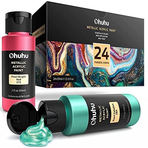 Ohuhu アクリル絵の具 メタリック塗料 24色 ボトル 絵の具 メタリック色 大容量 アクリルカラー 59ml 鮮やか アク?