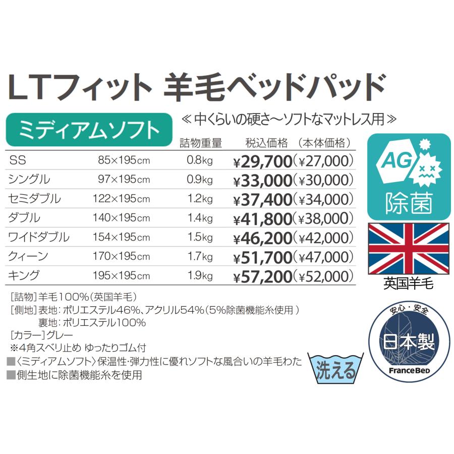 フランスベッド（FRANCEBED） ベッドパッド シングル LTフィット羊毛