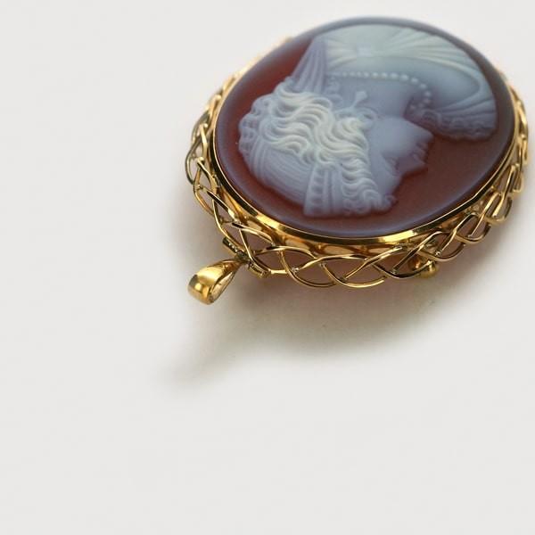 限定1点】 K18 イエローゴールド メノウ カメオ ブローチ ペンダント