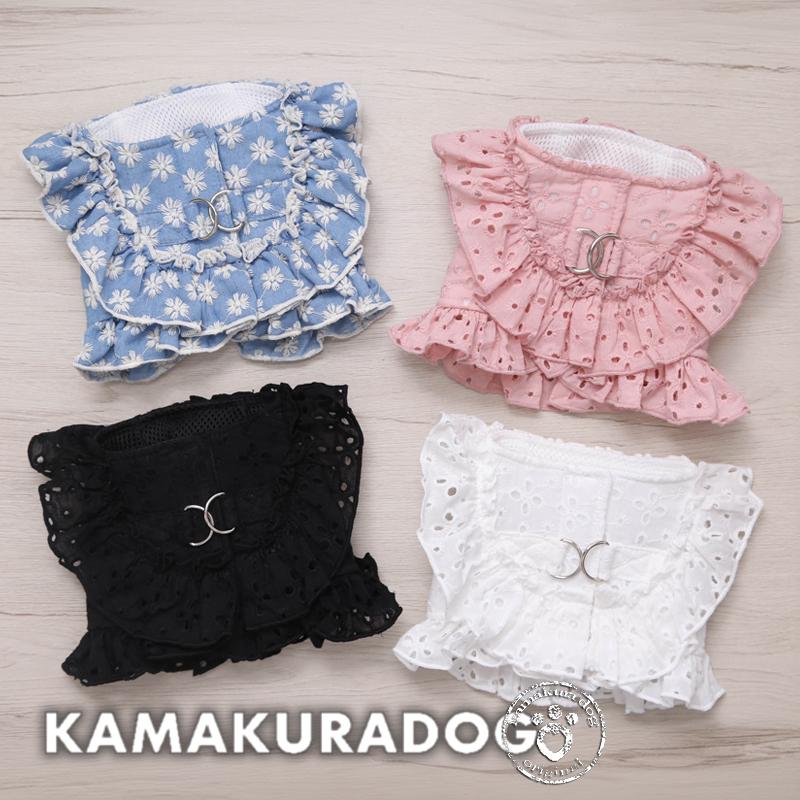 フリル レース ハーネスとリードセット 犬 フリルレース×オレンジ】迷子札付犬のサイドバックルハーネスと