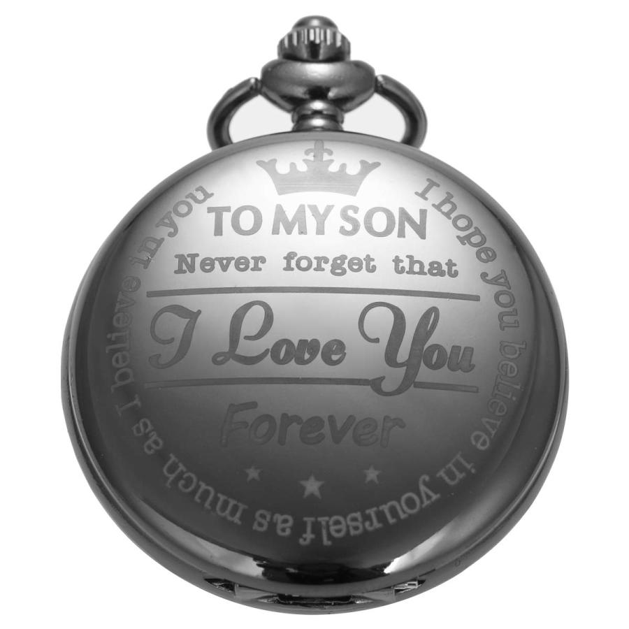 SIBOSUN Pocket Watch Men Chain Fob Quartz Engraved Carved to My Son I Love You Mom Dad Christmas Black｜kame-express｜06