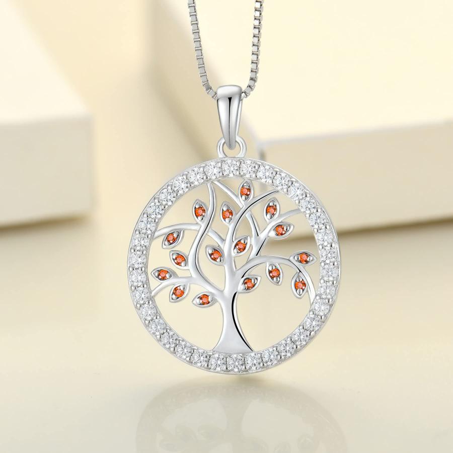 YL Tree Necklace 925 Sterling Silver Created Garnet Tree of Life Pendant Round Halo Family Giving Jewelry｜kame-express｜04