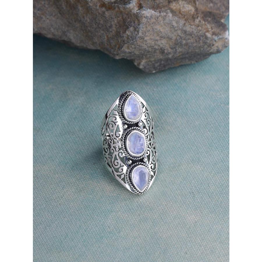 YoTreasure Moonstone Solid 925 Sterling Silver 3 Stone Ring Jewelry｜kame-express｜03
