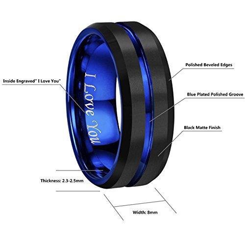 4mm 6mm 8mm 10mm Blue Groove Black Matte Finish Tungsten Carbide Wedding Band Ring Engraved I Love You (8mm10)｜kame-express｜03