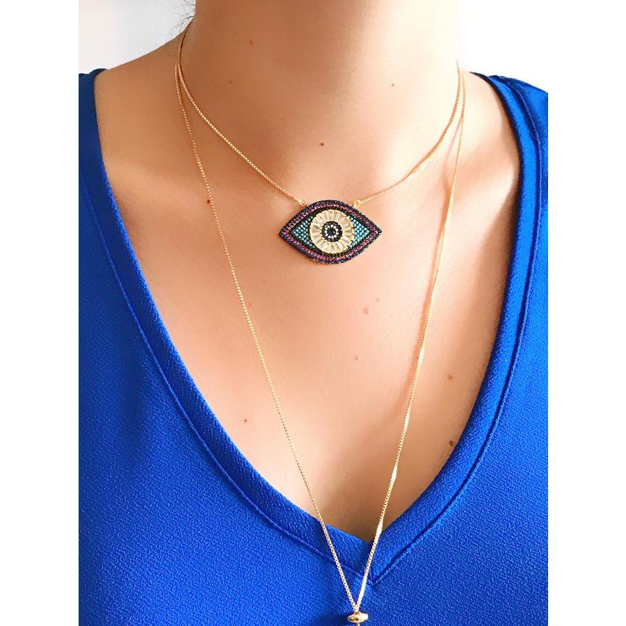 LESLIE BOULES Evil Eye Necklace for Women 18K Gold Plated Sliding Chain Protection Jewelry (FASHION)｜kame-express｜03