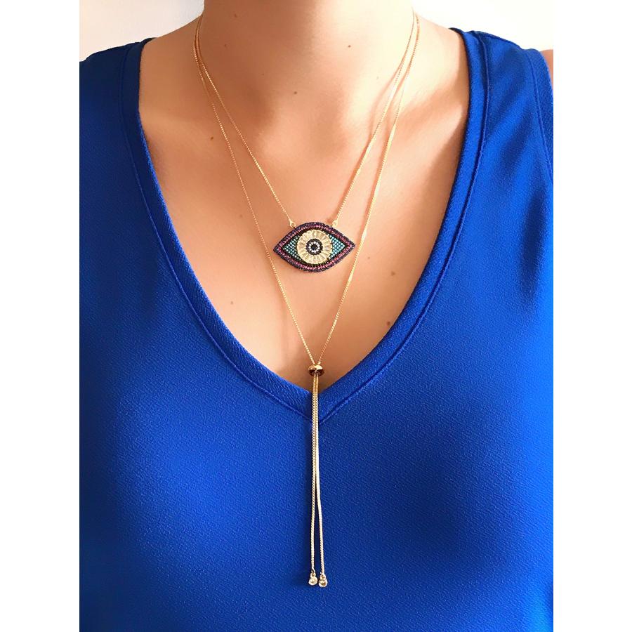LESLIE BOULES Evil Eye Necklace for Women 18K Gold Plated Sliding Chain Protection Jewelry (FASHION)｜kame-express｜05