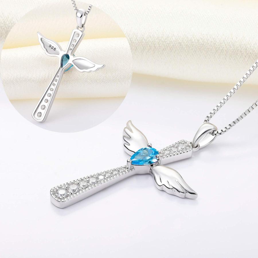 YL Women's Cross Necklace 925 Sterling Silver Cubic Zirconia Angel Wings Pendant Teardrop Aquamarine Criss Jewelry｜kame-express｜05