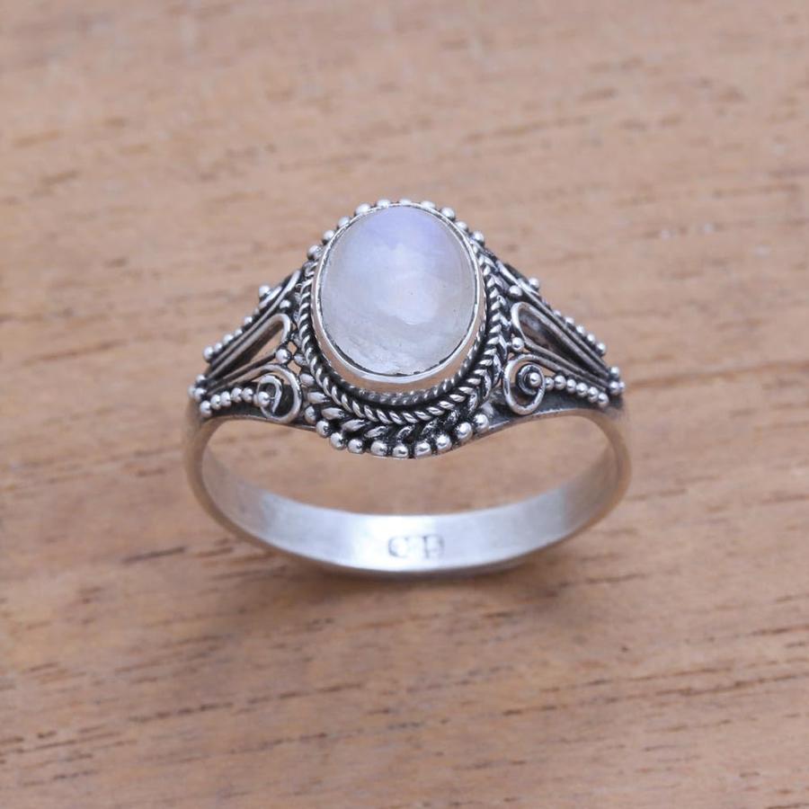 NOVICA Artisan Handmade Rainbow Moonstone Singlestone Ring from Bali .925 Sterling Silver Indonesia Gemstone 'Princess G｜kame-express｜05