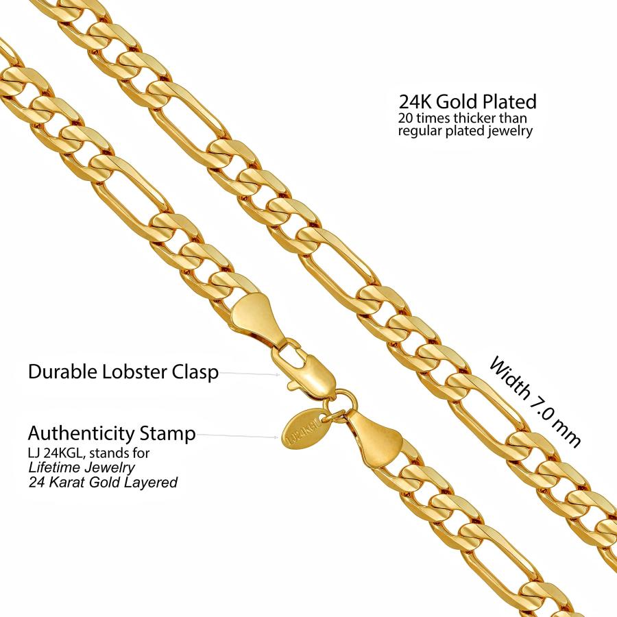 LIFETIME JEWELRY 7mm Figaro Chain Necklace Diamond Cut 24k Real Gold Plated (Gold 20 inches)｜kame-express｜04