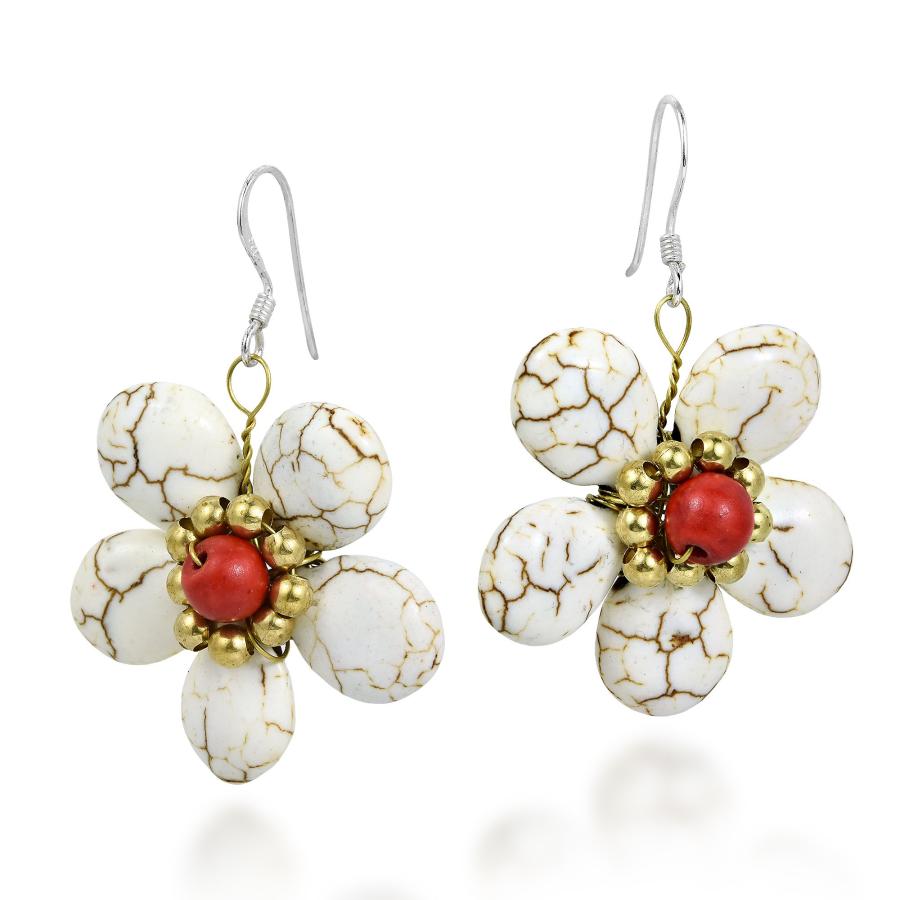 AeraVida Exquisite Floral Statement Simulated White Turquoise Flower Bloom Brass .925 Silver Classy Earrings for Women｜kame-express｜02
