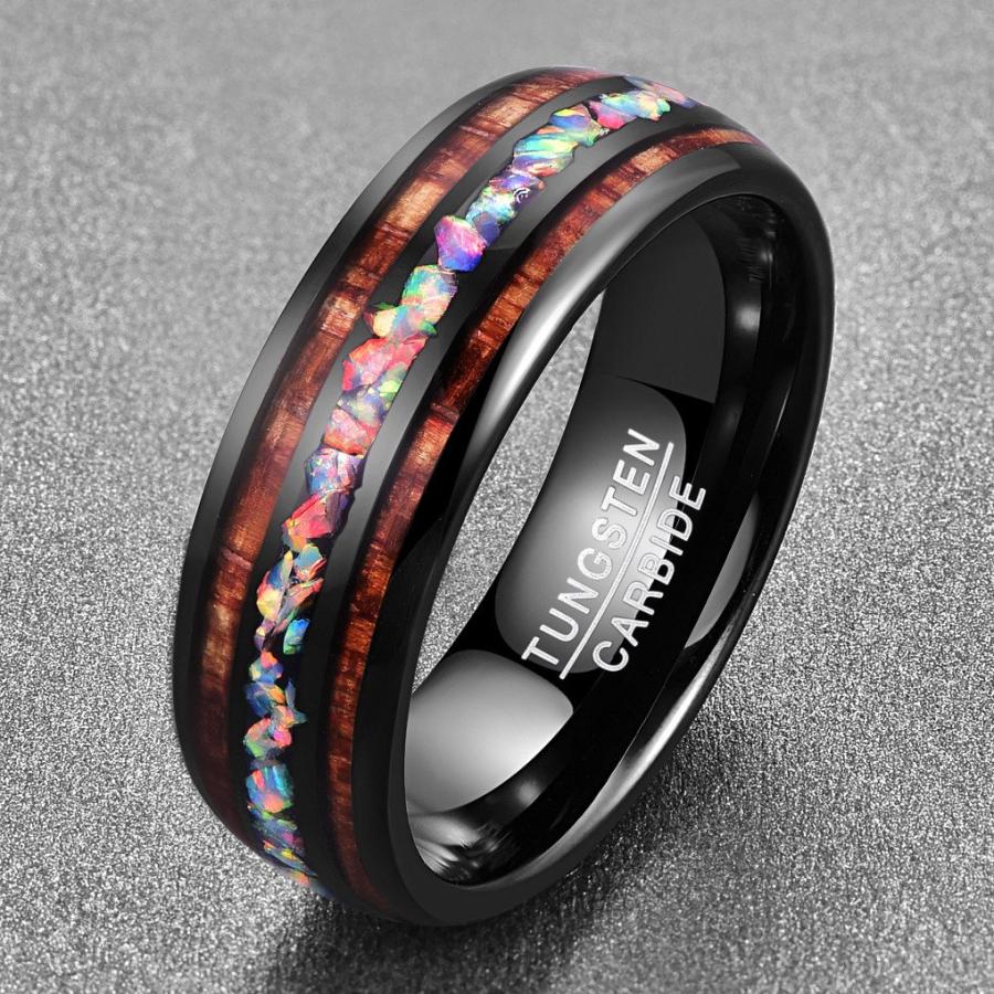 NUNCAD Crushed Fire Opal Tungsten Wedding Ring for Men Hawaii Koa Wood Inlay Domed Black Tungsten Carbide Ring Size 10.5｜kame-express｜02