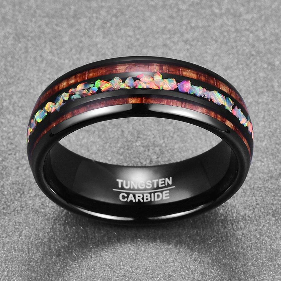 NUNCAD Crushed Fire Opal Tungsten Wedding Ring for Men Hawaii Koa Wood Inlay Domed Black Tungsten Carbide Ring Size 10.5｜kame-express｜03