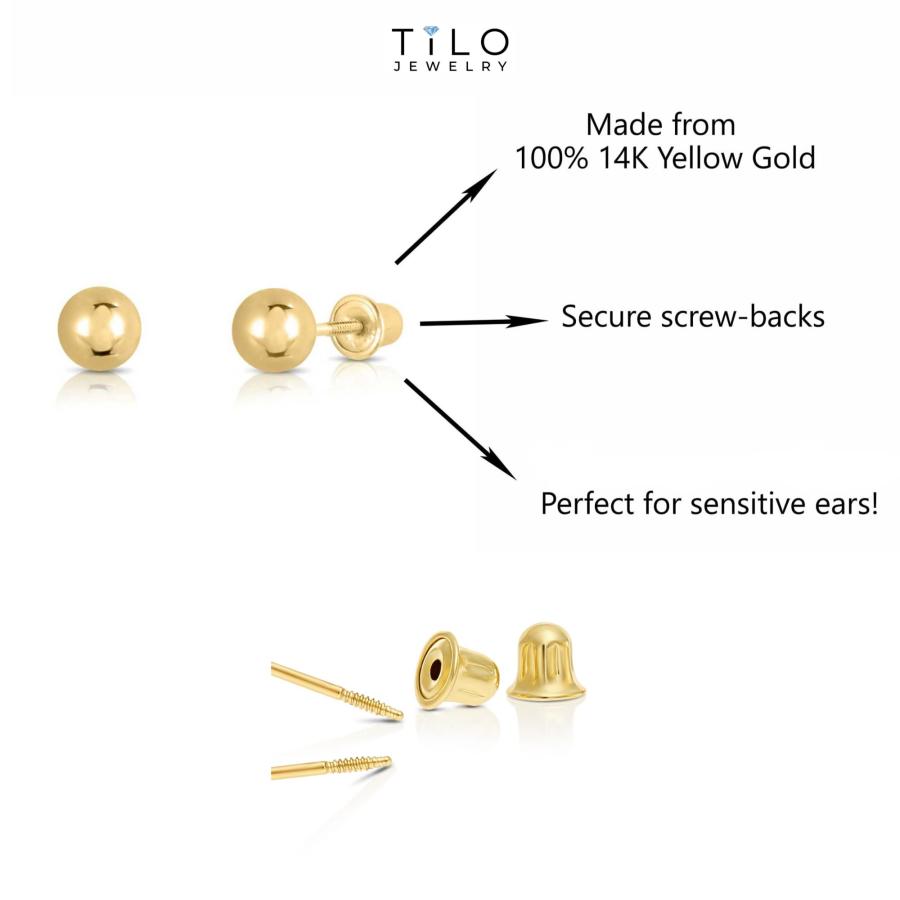 14k Yellow Gold Ball Stud Earrings with Secure Screw-backs (3mm)…｜kame-express｜03